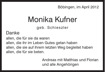 Traueranzeige von Monika Kufner von Gmünder Tagespost