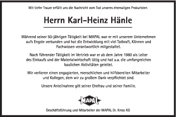 Traueranzeige von Karl-Heinz Hänle von Schwäbische Post