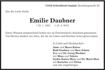Traueranzeige von Emilie Daubner von Gmünder Tagespost