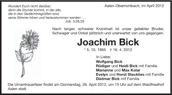Traueranzeige von Edith Bick von Schwäbische Post