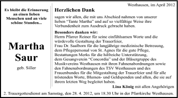 Traueranzeige von Martha Saur von Schwäbische Post