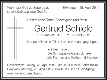 Traueranzeige von Gertrud Schiele von Schwäbische Post