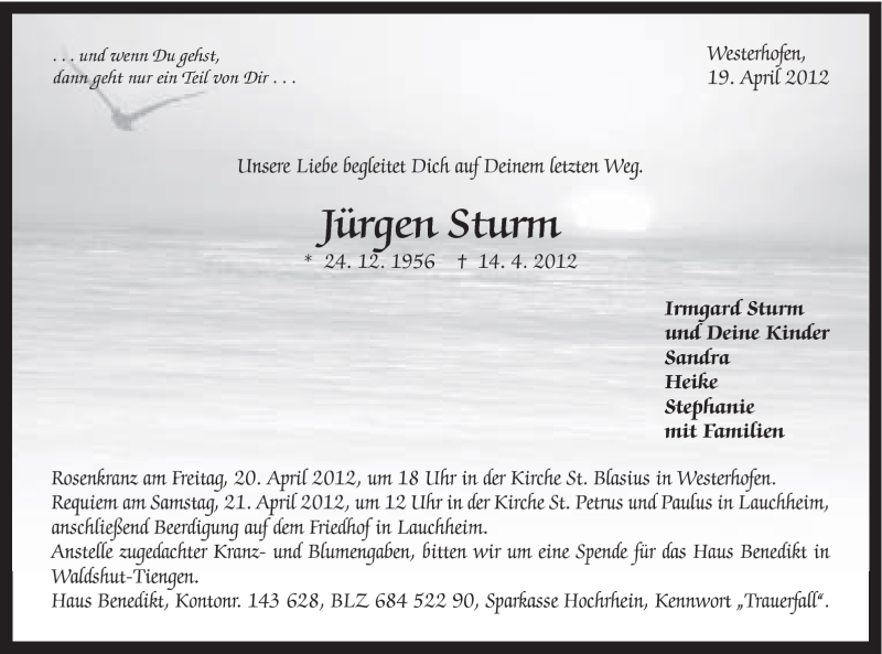  Traueranzeige für Jürgen Sturm vom 19.04.2012 aus Schwäbische Post