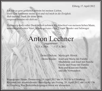 Traueranzeige von Anton Lechner von Schwäbische Post