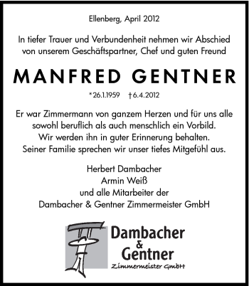 Traueranzeige von Manfred Gentner von Schwäbische Post