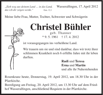 Traueranzeige von Christel Bühler von Schwäbische Post