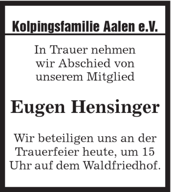 Traueranzeige von Eugen Hensinger von Schwäbische Post
