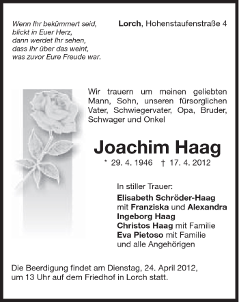 Traueranzeige von Joachim Haag von Gmünder Tagespost