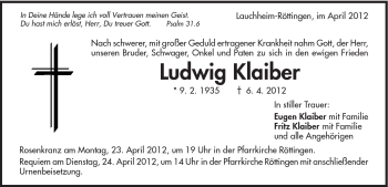 Traueranzeige von Ludwig Klaiber von Schwäbische Post