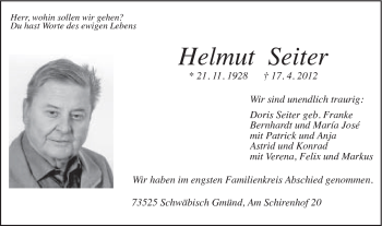 Traueranzeige von Helmut Seiter von Gmünder Tagespost