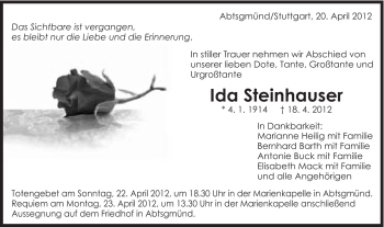 Traueranzeige von Ida Steinhauser von Schwäbische Post