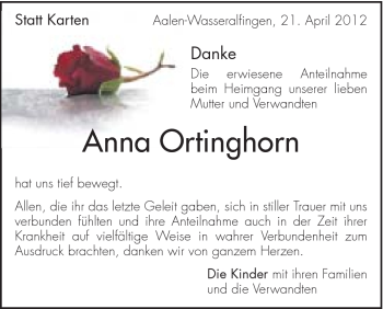 Traueranzeige von Anna Ortinghorn von Schwäbische Post