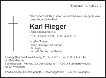 Traueranzeige von Karl Rieger von Schwäbische Post