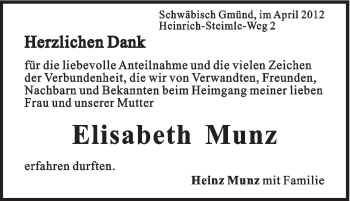 Traueranzeige von Elisabeth Munz von Gmünder Tagespost