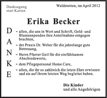 Traueranzeige von Erika Becker von Gmünder Tagespost