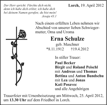 Traueranzeige von Erna Schulze von Gmünder Tagespost