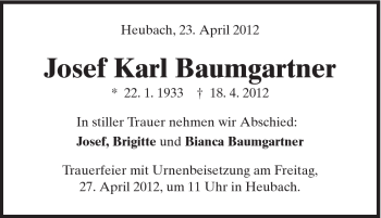 Traueranzeige von Josef Karl Baumgartner von Gmünder Tagespost
