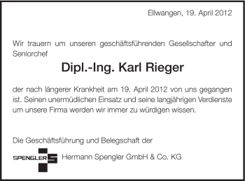 Traueranzeige von Karl Rieger von Schwäbische Post