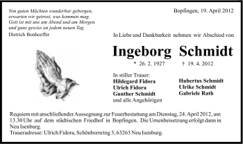 Traueranzeige von Ingeborg Schmidt von Schwäbische Post