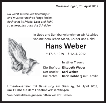 Traueranzeige von Hans Weber von Schwäbische Post