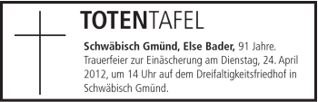 Traueranzeige von Else Bader von Gmünder Tagespost