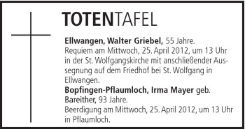 Traueranzeige von Irma Mayer von Schwäbische Post