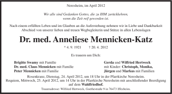 Traueranzeige von Anneeliese Mennicken-Katz von Schwäbische Post