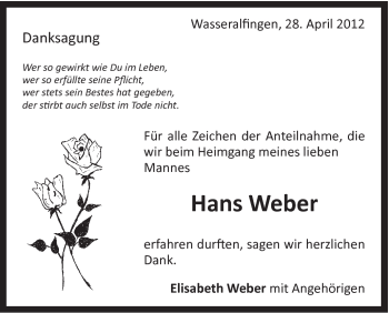 Traueranzeige von Hans Weber von Schwäbische Post