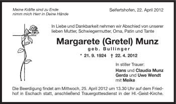 Traueranzeige von Margarete Munz von Gmünder Tagespost