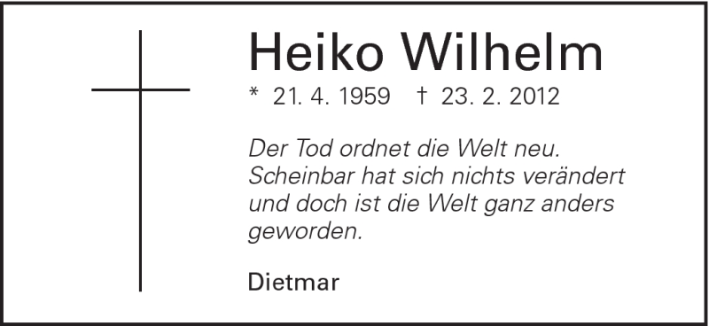  Traueranzeige für Heiko Wilhelm vom 24.04.2012 aus Schwäbische Post