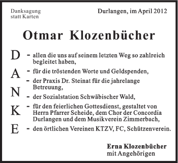 Traueranzeige von Otmar Klozenbücher von Gmünder Tagespost