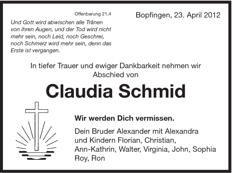  Traueranzeige für Claudia Schmid vom 24.04.2012 aus Schwäbische Post
