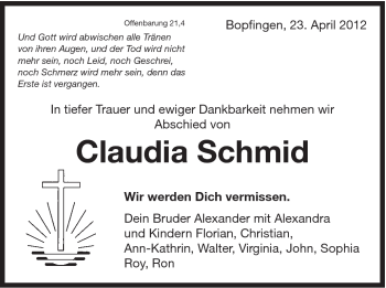 Traueranzeige von Claudia Schmid von Schwäbische Post