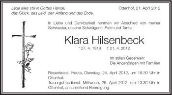 Traueranzeige von Klara Hilsenbeck von Schwäbische Post