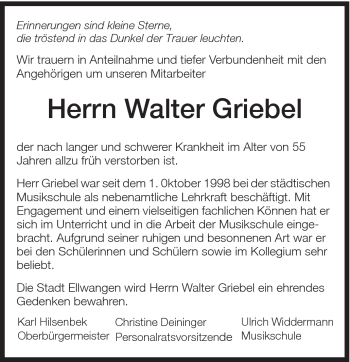 Traueranzeige von Walter Griebel von Schwäbische Post