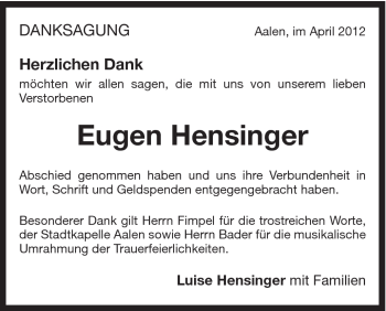 Traueranzeige von Eugen Hensinger von Schwäbische Post