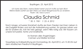 Traueranzeige von Claudia Schmid von Schwäbische Post