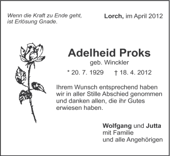 Traueranzeige von Adelheid Proks von Gmünder Tagespost
