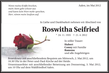 Traueranzeige von Roswitha Seifried von Schwäbische Post