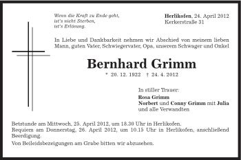 Traueranzeige von Bernhard Grimm von Gmünder Tagespost