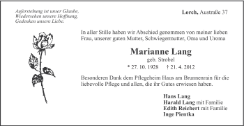 Traueranzeige von Marianne Lang von Gmünder Tagespost