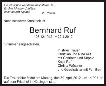 Traueranzeige von Bernhard Ruf von Schwäbische Post