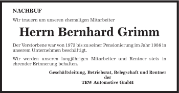 Traueranzeige von Bernhard Grimm von Gmünder Tagespost