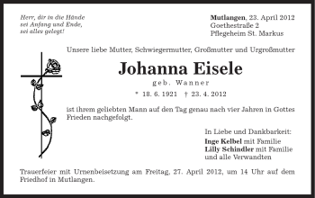 Traueranzeige von Johanna Eisele von Gmünder Tagespost