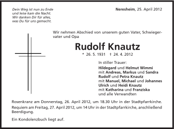 Traueranzeige von Rudolf Knautz von Schwäbische Post
