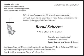 Traueranzeige von Bernd Scheerer von Gmünder Tagespost