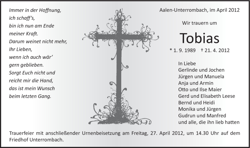  Traueranzeige für Tobias Leese vom 25.04.2012 aus Schwäbische Post