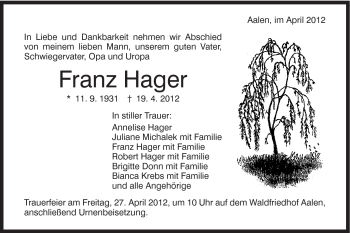 Traueranzeige von Franz Hager von Schwäbische Post