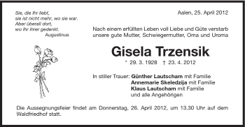 Traueranzeige von Gisela Trzensik von Schwäbische Post