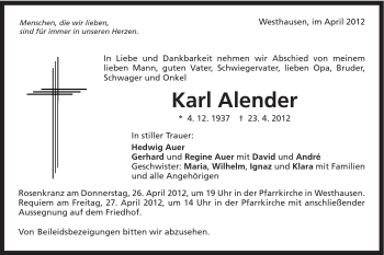 Traueranzeige von Karl Alender von Schwäbische Post